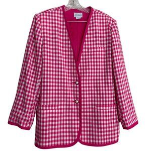 Vintage 80s Pink White Gingham Two Button Blazer Shoulder Pads Lined 16 Preppy